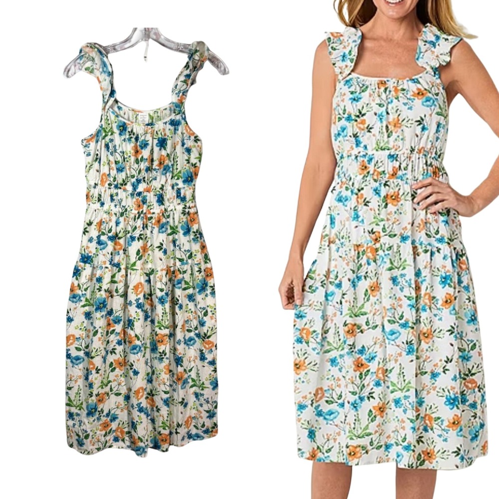 Peyton & Parker Womens Floral Ruffle Strap Smocked‎ Tiered Cotton Midi Dress XS